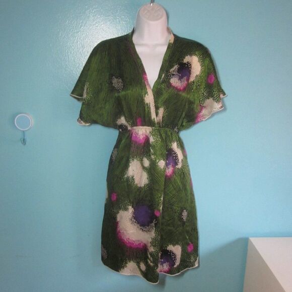 Hale Bob Anthropologie Womens Size S Green Floral Silk Pullover Kimono Dress  - Picture 8 of 13